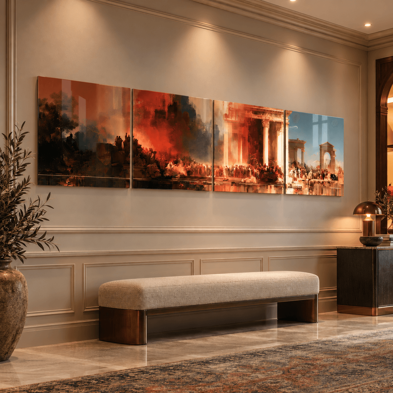 Four-panel historical glass wall art above an upholstered bench in a marble-floored entryway